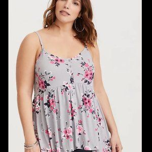 Torrid Grey Floral Button Front Baby Doll Tank (Size 1, 14/16)